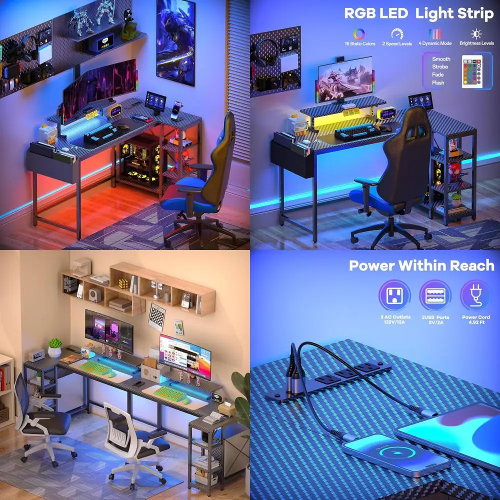 Biurko w kształcie litery L z włókna węglowego, czarne, z oświetleniem LED, podstawką na monitor 40 cali i gniazdem zasilania do kompaktowego biura domowego.