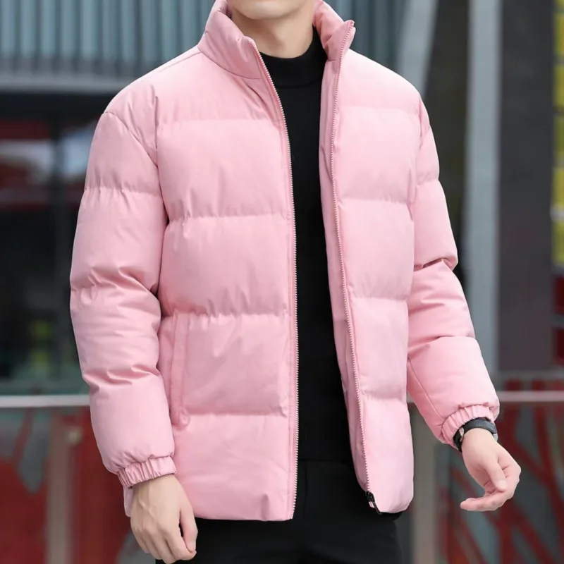 2022 Winter New Men Padded Jacket Solid Thicken Warm Loose Coat Wild Long Sleeve Stand Collar Outerwear Korean Fashion Clothing