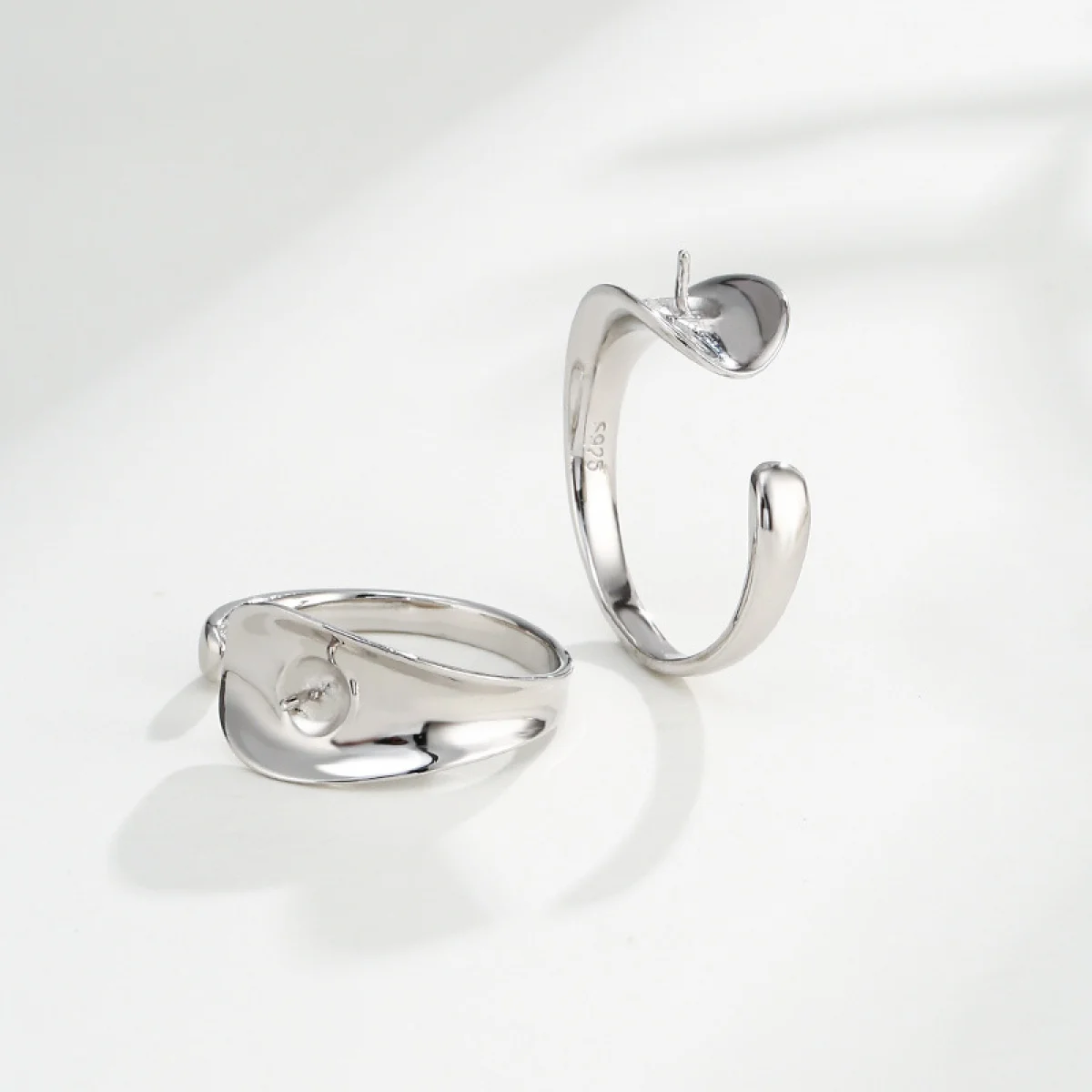 925 Sterling Silver Open Ring Blank Base fit 4mm Setting Cup for Half Drilled Pearl Bead  DIY Ring jewelry Making Supplies