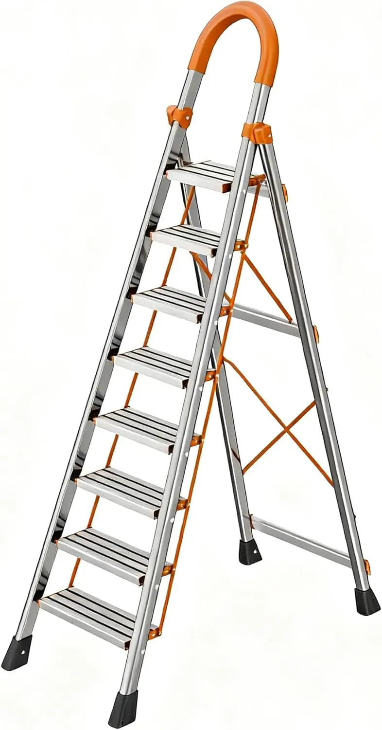 

8-Step Folding Ladder with Anti-Slip Pedal, Sturdy Steel Step Stool, Handrail for Home Kitchen Garage