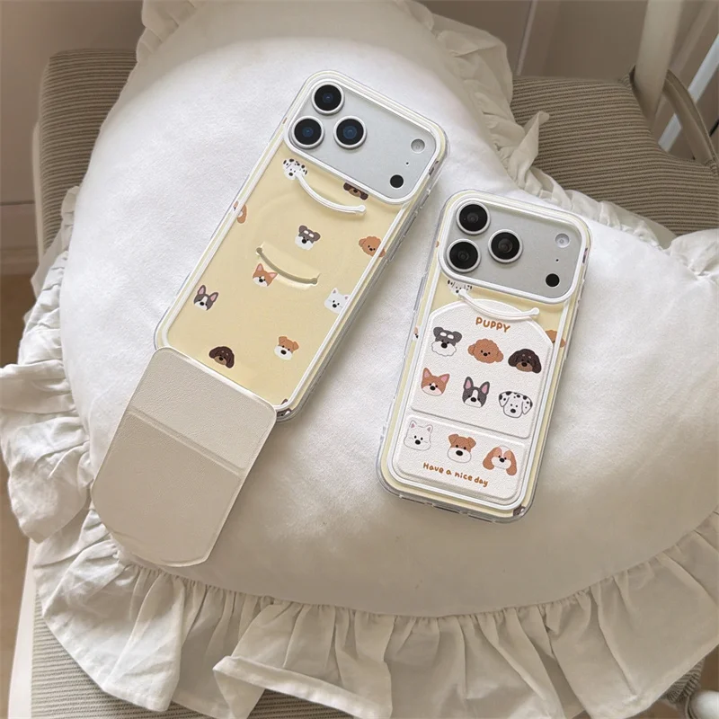 

New 2026 ins Foldable Stand Phone Case For iPhone 17 Pro 16 15 14 17 Pro Max with 9 Cute Puppy Patterns Shockproof Cover