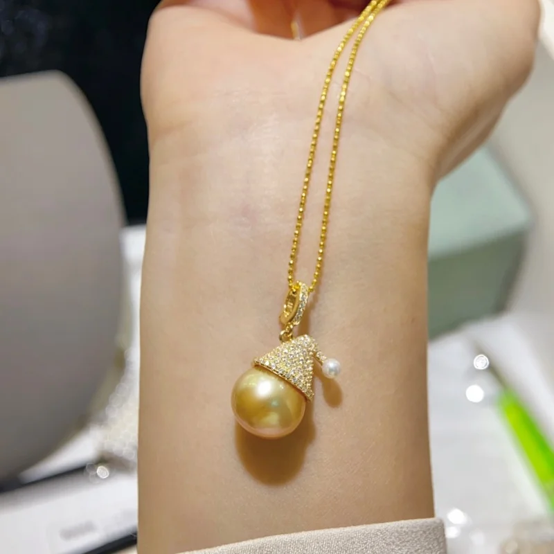 SGARIT Christmas Hat Pendant Women's Necklace 12-13mm Natural Golden South Sea Pearl Necklace Holiday Gift Luxury Jewelry