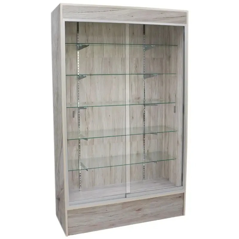 Custom, cheap price glass display with LED light and lock wall showcase retail shop furniture wooden cabinet