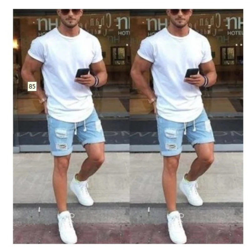 

European Summer New Style Shorts Men Solid Color Ripped Fashion Casual Daily Shorts European Station