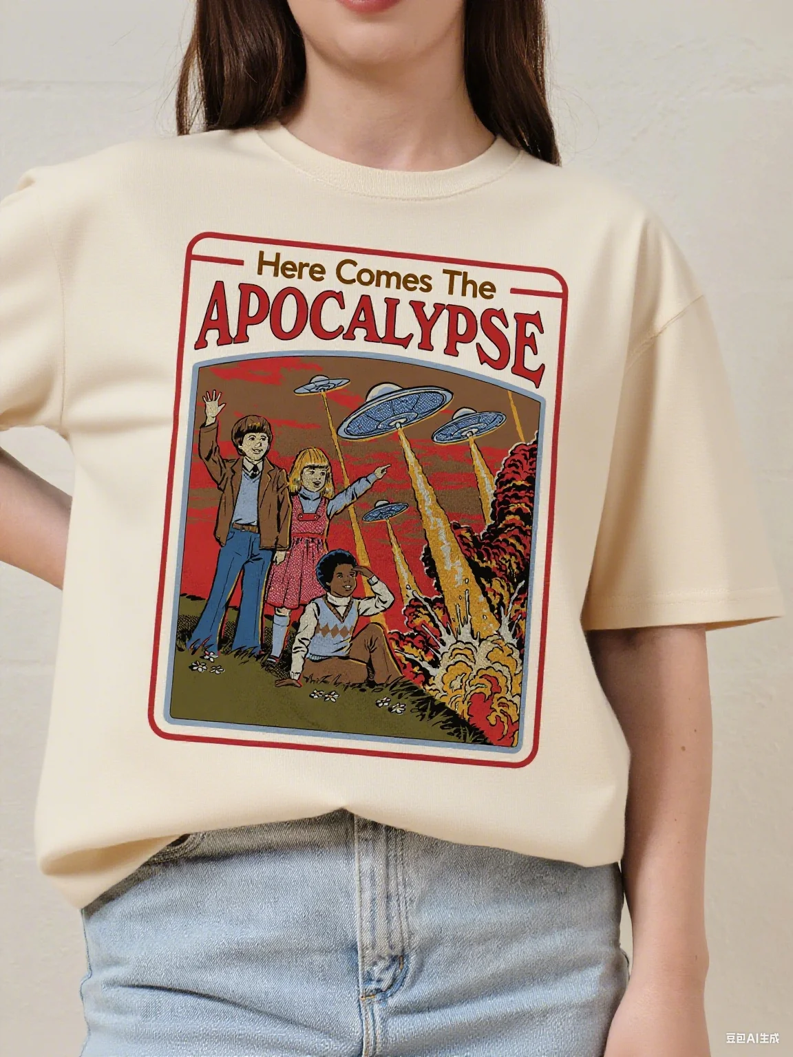 Retro Sci - Fi Here Comes The Apocalypse Cotton Tee Graphic للملابس العصرية والحواف - تي شيرت الهالوين المحبب لعيد جميع القديسين #2