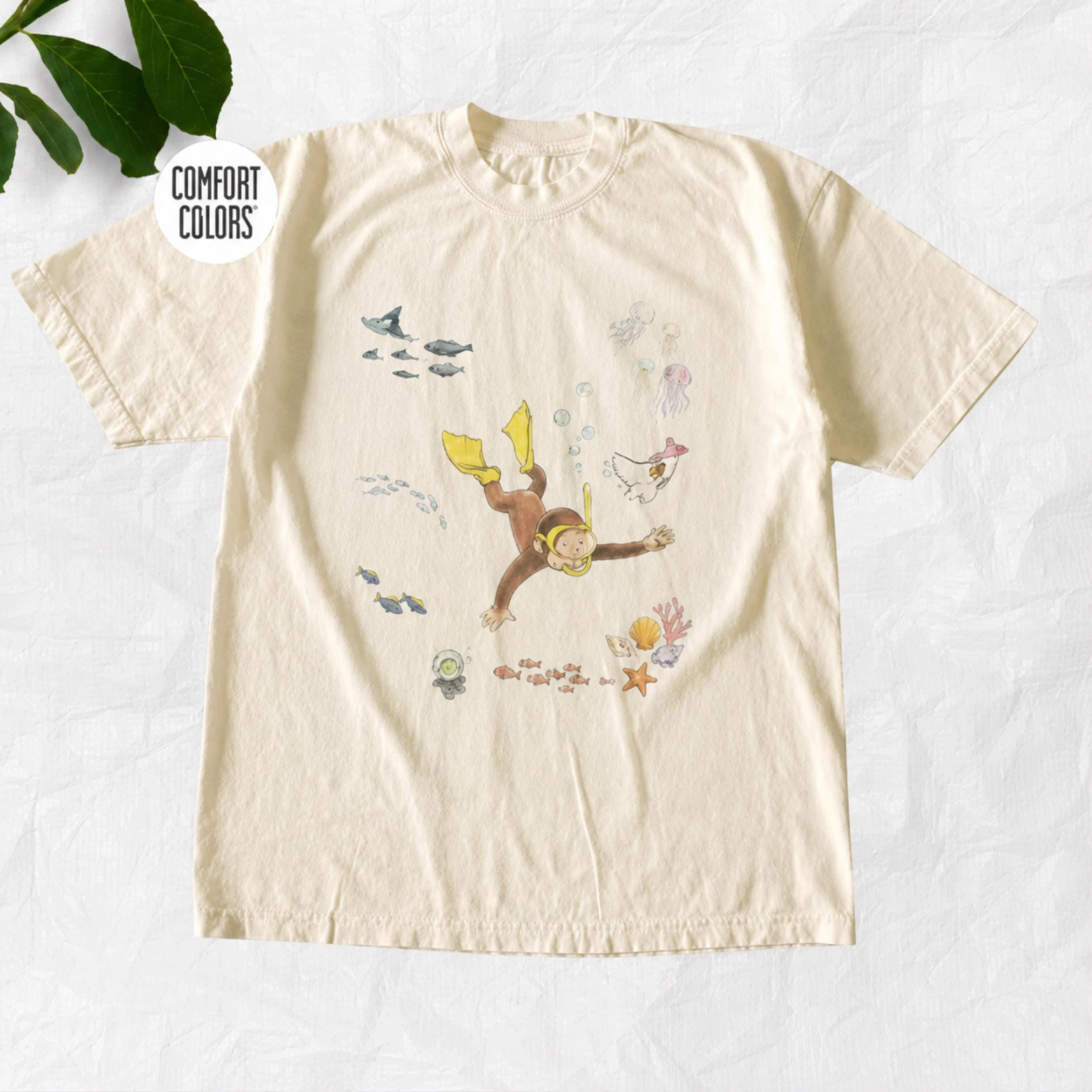 Curious George Shirt, Underwater Monkey Graphic Tee, Comfort Colors Cartoon T-Shirt, Vintage Kids Book Fan Gift