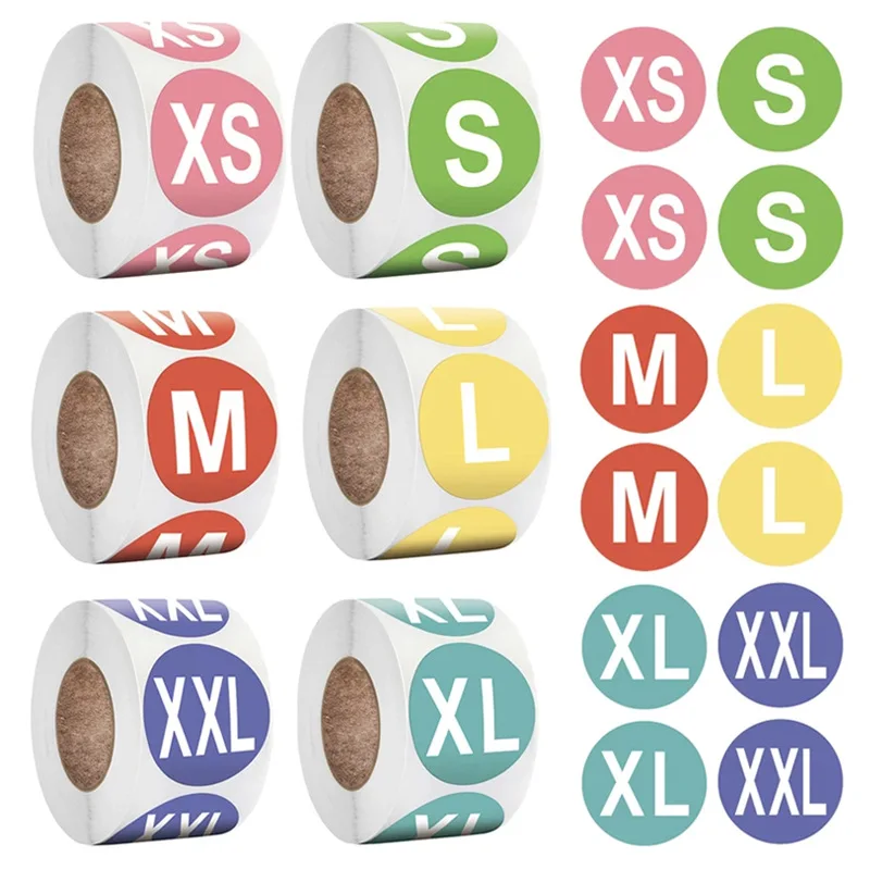 XS/S/M/L/XL/2XL/3XL 500Pcs /1 Rolls 2.5cm/1inch Clothing Sticker Round Universal Tag Stickers SelfAdhesive Label Sealing Sticker