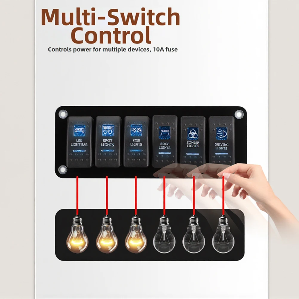6 Circuit Rocker Switch Panel with Built-in Blue LED Indicators for 12V 24V Vehicle Marine RV and Off-Road Electrical Management