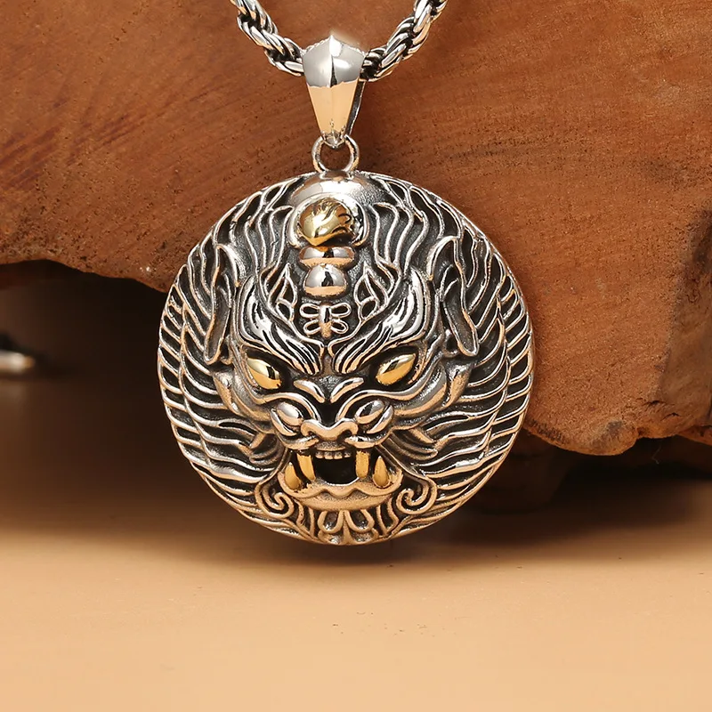 

S925 sterling silver ornament domineering beast disc pendant personalized ethnic style men's retro auspicious beast pendant