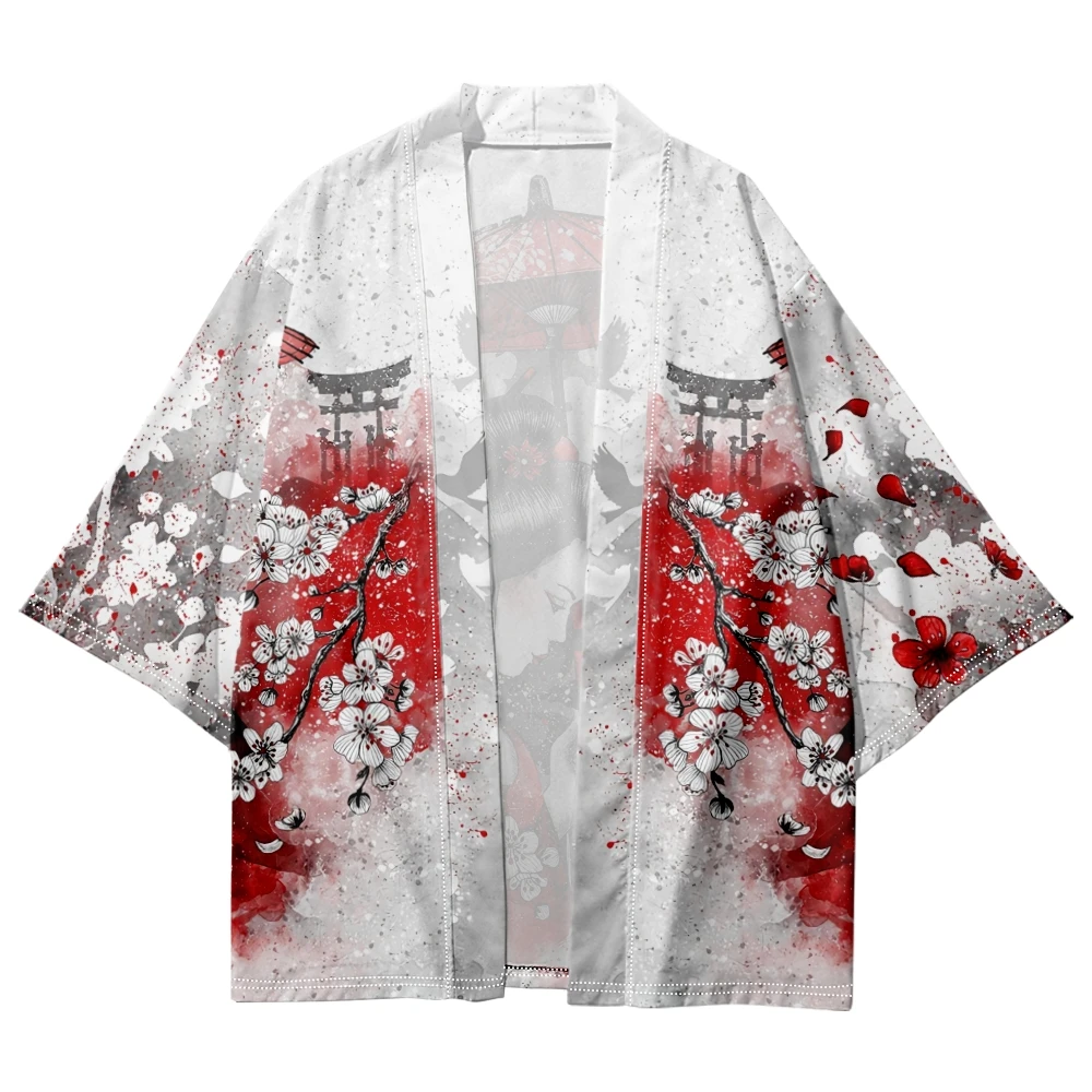 Summer Japanese Anime Beauty Floral Printed Kimono Streetwear Men Women Cardigan Robe Female Traditional Clothing