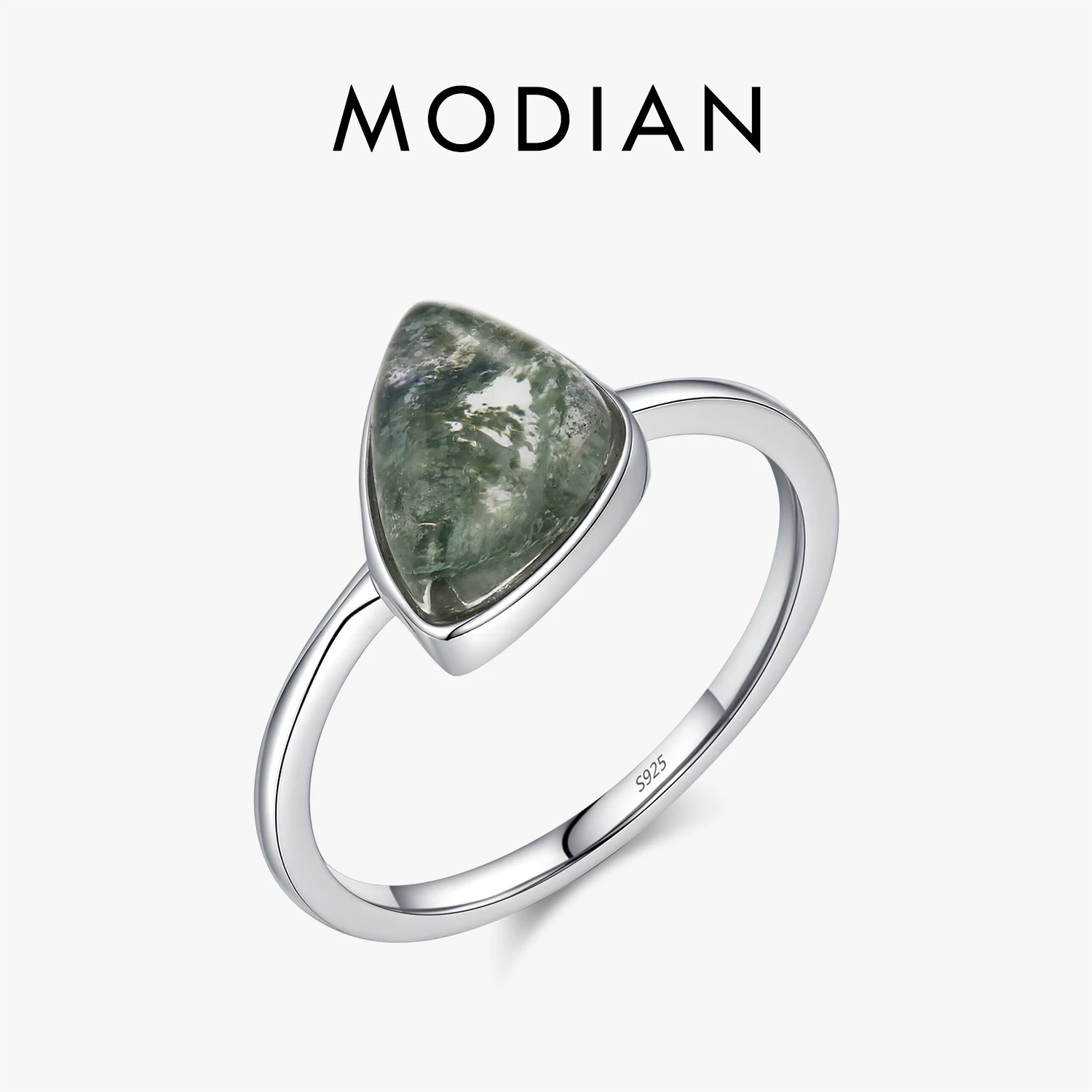 MODIAN 925 Sterling Silver Triangle Moss Agate Ring Bezel Set Solitaire Dainty Thin Band Stackable Finger Ring For Women Jewelry