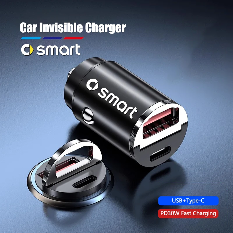 شاحن سيارة صغير غير مرئي 100 وات USB Type-C واجهة مزدوجة لـ Smart Fortwo 451 450 453 EQ Forfour Roadster Forjeremy Crossblade