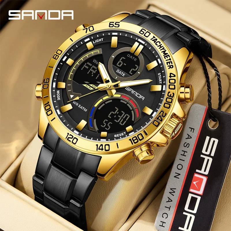 

SANDA Роскошные деловые мужские часы с двойным дисплеем из нержавеющей стали, водонепроницаемые светящиеся многофункциональные спортивные мужские часы с обратным отсчетом