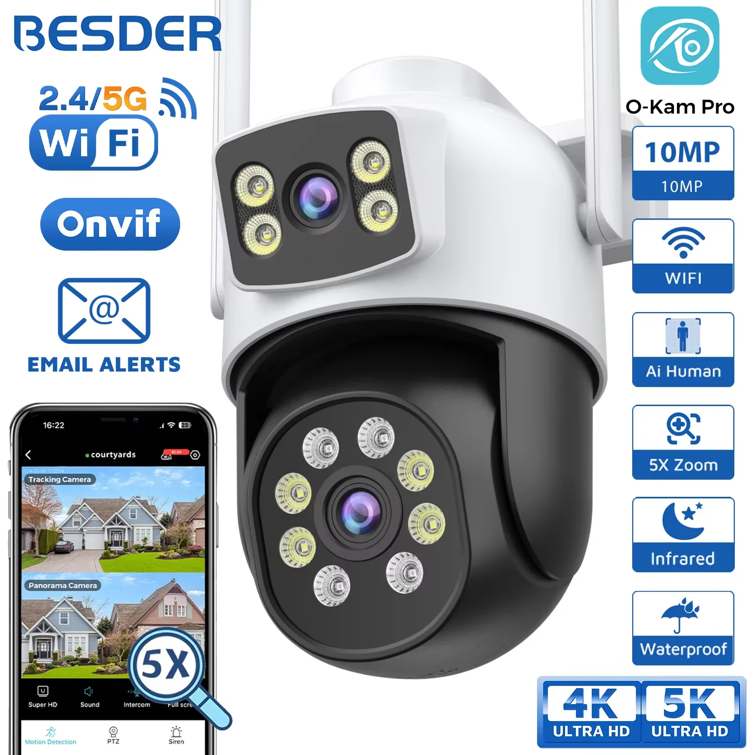 BESDER 8MP IP Camera Wifi 4K Dual Len Outdoor Auto Tracking Night Vision 5G HZ Wifi CCTV Surveillance Camera Security Protection