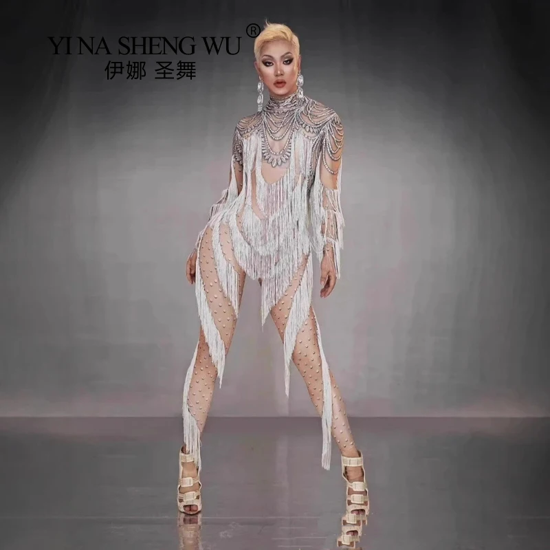 New Performance Outfit for Female Sexy 3D Printed Fake Nude Fringe One-piece Model Fashion Show