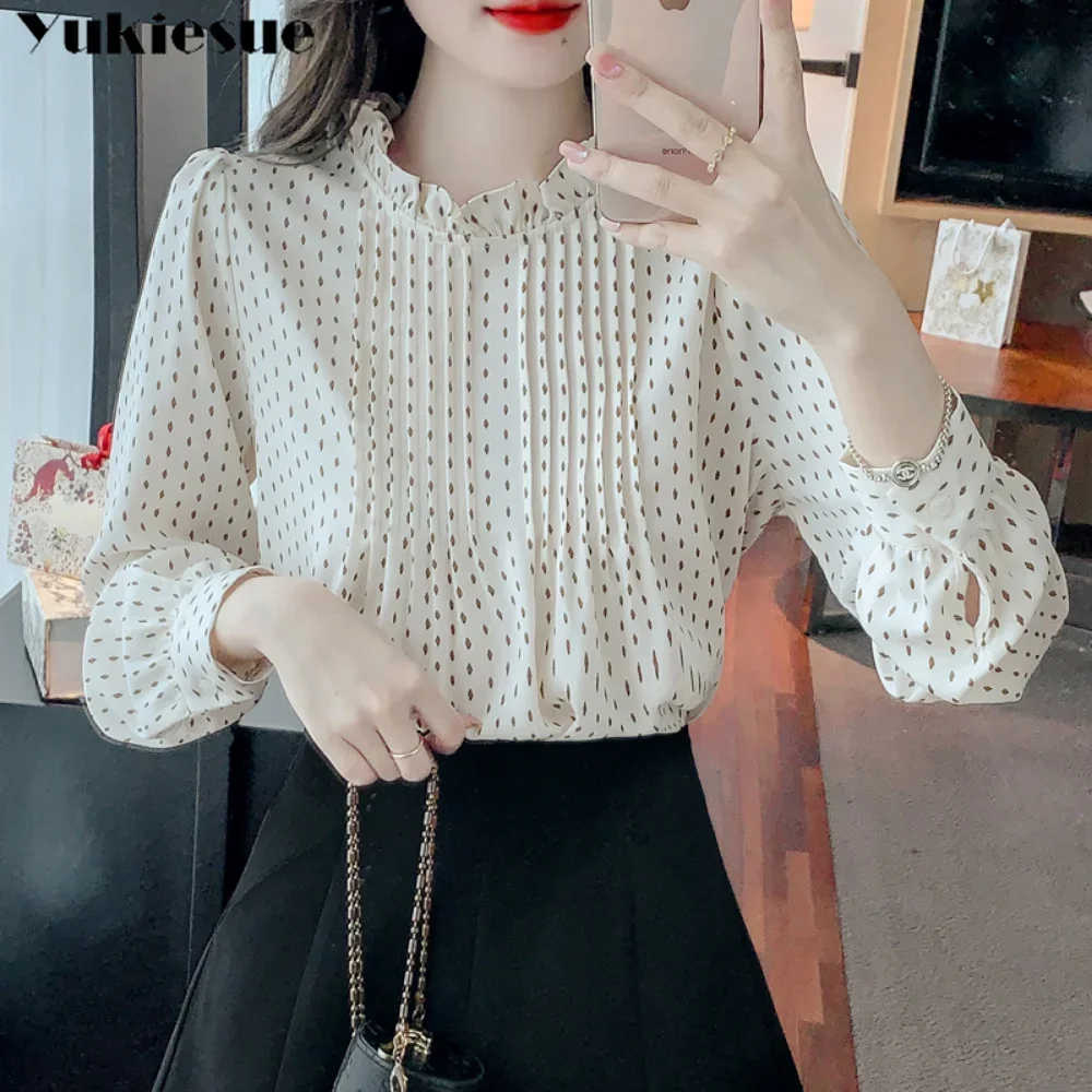 

Прессованная плиссированная рубашка с принтом и воротником-стойкой, шифоновая рубашка в весеннем стиле, женская шифоновая рубашка с длинным рукавом, эстетизм, корейский, нежный ветер