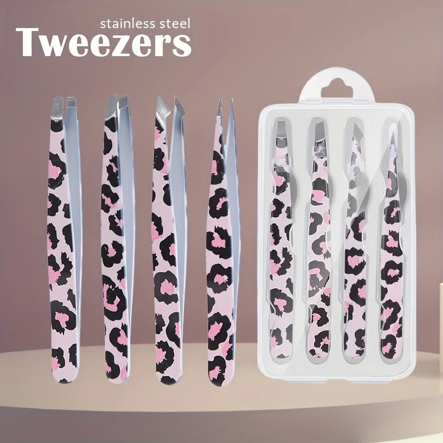 Stainless Steel Wild Leopard Print Eyebrow Tweezers Set 4pcs Makeup Sticker False Eyelashes Tool Christmas Gift