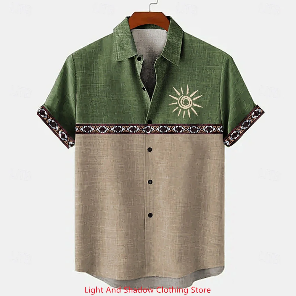 Men's Retro Linen Shirt Summer Short-Sleeved Patchwork Pattern Printed Short-Sleeved Top Button-Up Shirt Ethnic Clothing