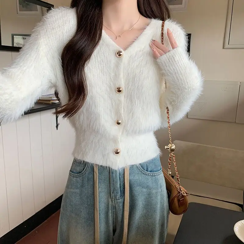 

Y2k модная женская уличная одежда корейский трикотаж для укороченного вязаного кардигана из мохера женский свитер с v-образным вырезом пальто винтажная женская одежда
