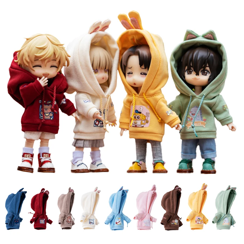 Manteau à capuche imprimé oreilles de lapin pour poupée, vêtements de dessin animé, manches longues, détectée y, Gsc, Molly, Obitsu11,YMY, herbe et beurre, ob11, 1/12