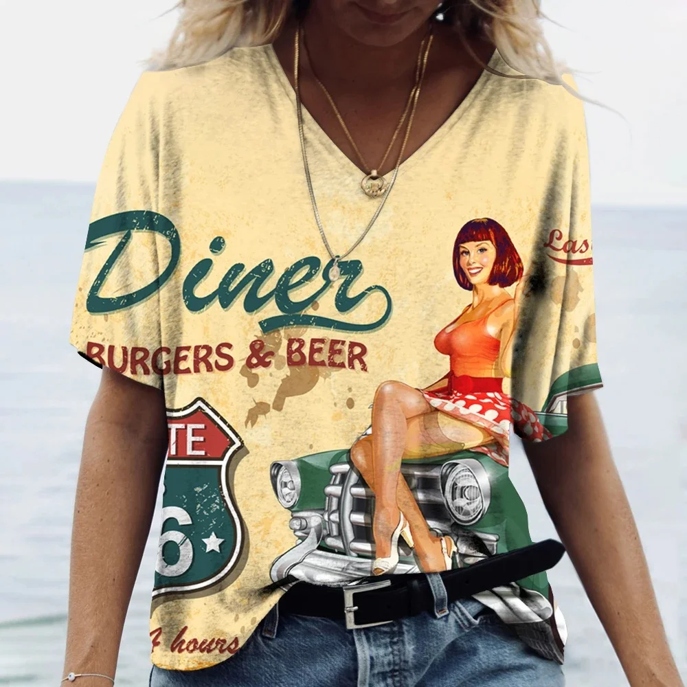 2025 New Women's Fashion Tops 66 American Flag Road Car 3D Printed t-Shirt Summer Street Fashion Personalized V-Neck Casual