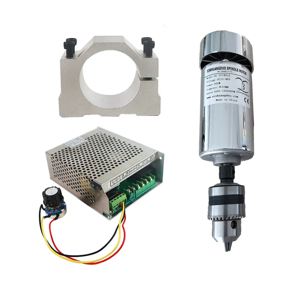 300W DC 12-48 52mm CNC Spindle Motor for DIY PCB Milling Machines. Includes A Base, Speed Control Power Supply, and Spindle Kit