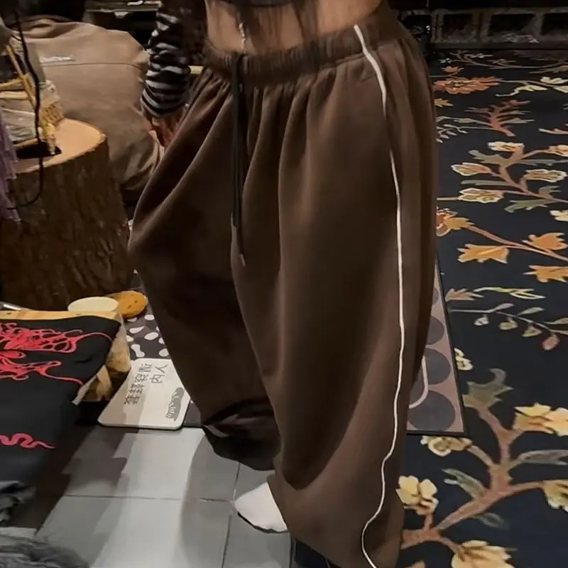 Deeptown Green Embroidery Wide Leg Women Dance Pants Gray American Vintage Oversized Straight Trousers Basic Casual Hip Hop