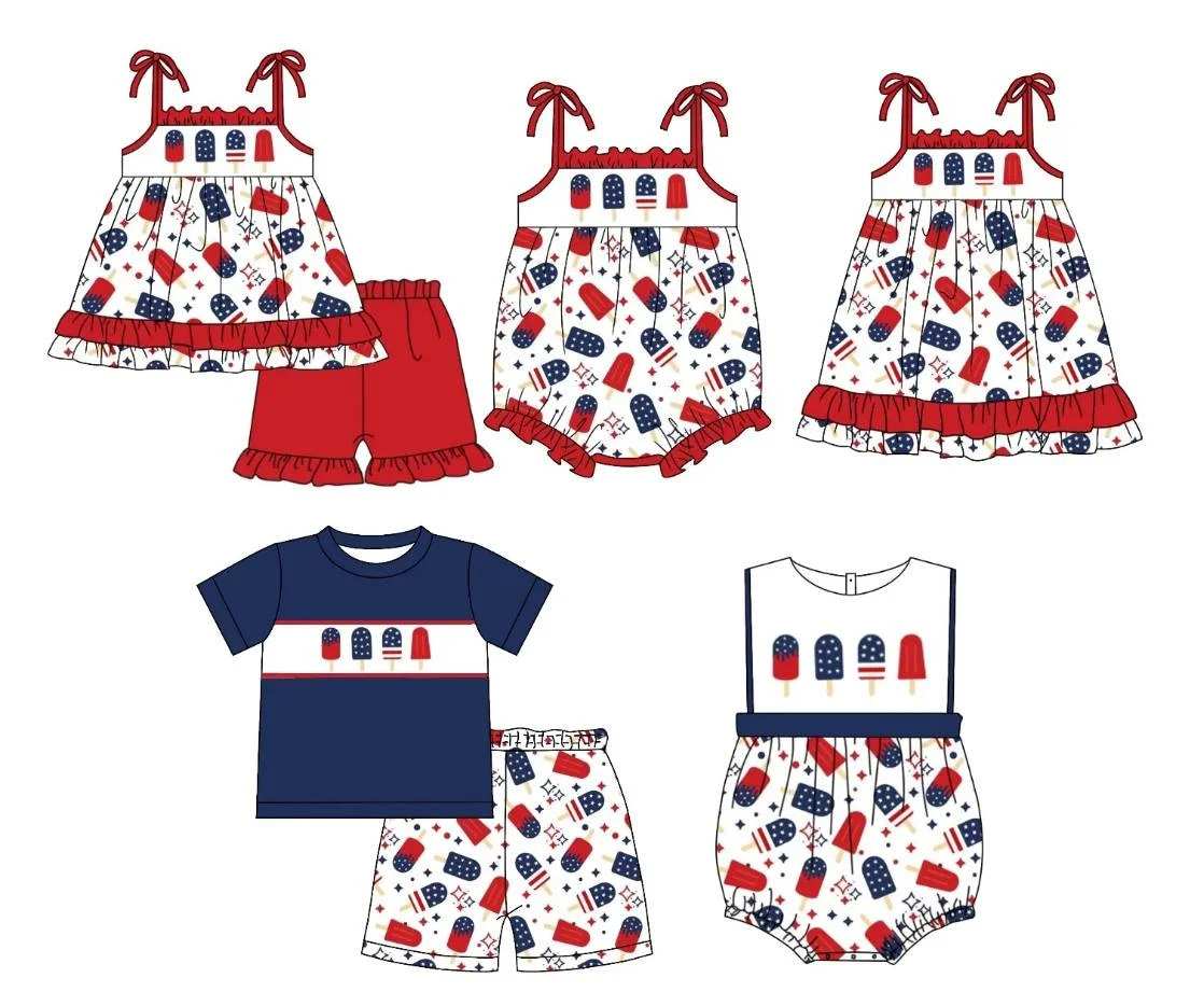 

Toddler Independence Day Outfits Boys Girls Matching Suits Popsicle Print Girls Suspender Design New Arrival Festive Outfits