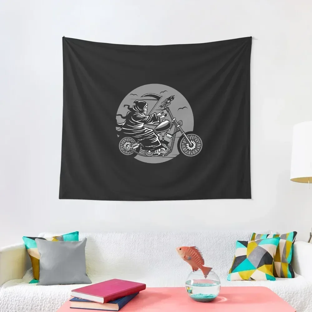 

Grim Reaper on Bike /Death Skull Biker Skeleton Scythe Halloween Rider Horror Gift Idea Tapestry