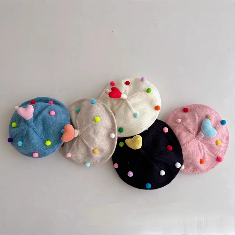 

Cute Colored Fur Ball Baby Knitted Beret Hat Children's Warm Hats Autumn Winter Painter Cap For Girls Kids Bonnet Accessories