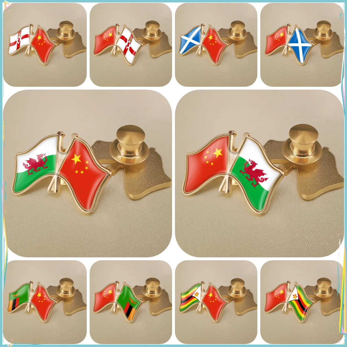 China and Northern Ireland Scotland Welsh Zambia Zimbabwe Crossed Double Friendship Flags Lapel Pins Brooch Badges