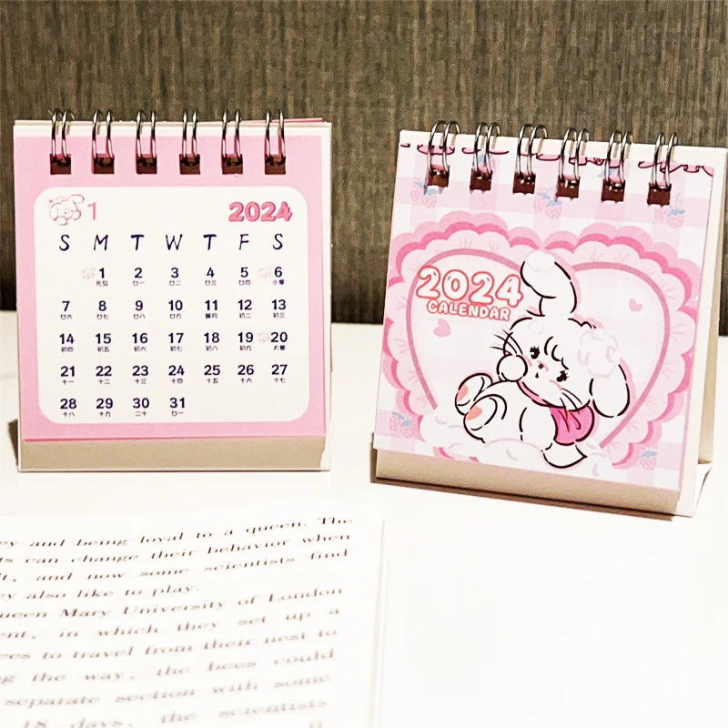 Kalender meja kucing Pink kartun 2024, Mini lucu berdiri lipat kalender meja perencanaan harian kecil kalender bulanan untuk rumah