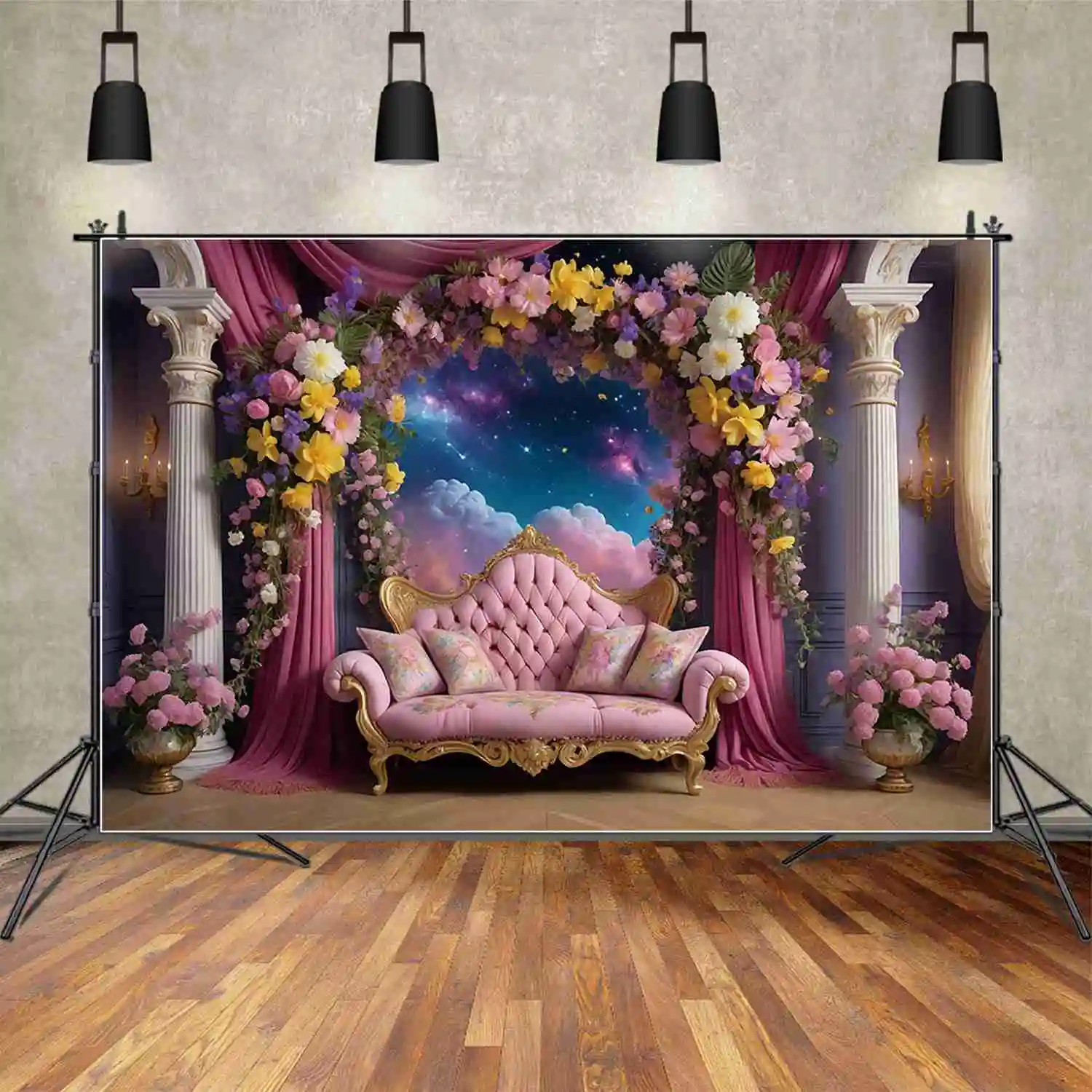 Moon.qg-女性のための花の花輪、プリンセス誕生日の背景、ビュープラットフォーム、ソファの背景、パーティーのためのカスタム写真アクセサリー