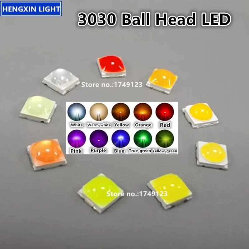 Super Bright 3030 3V Ball Head LED, Red, Blue, Warm-white, Ice-blue, Pink, 1W Convex Head With Lens Spotlight SMD Lamp Beads