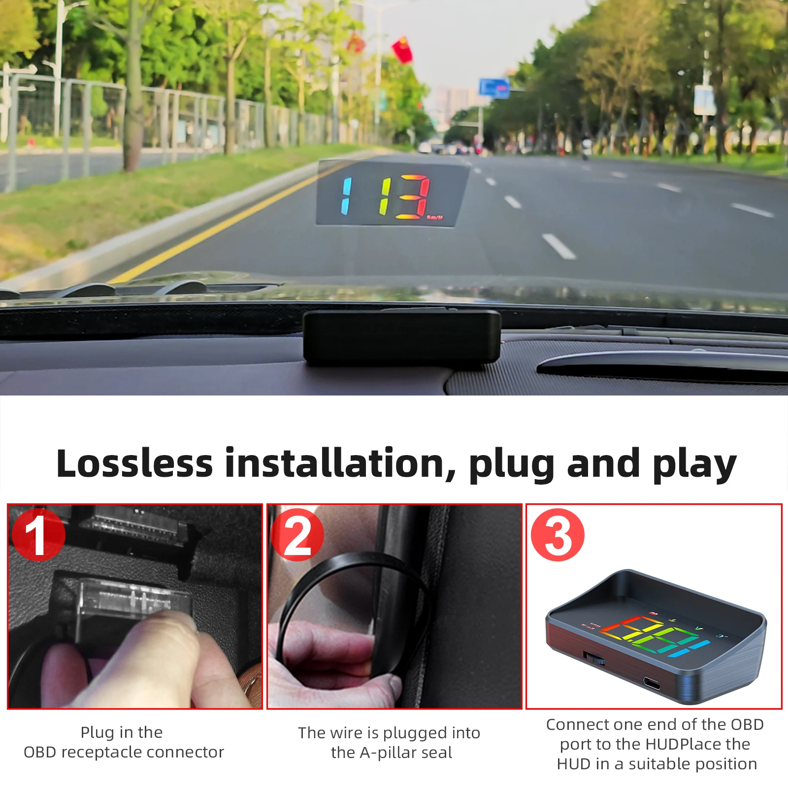 M4 Obd/EOBD HUD سيارة ملونة LED رئيس يصل عرض متر الرقمية الزجاج الأمامي العارض الذكية عداد السرعة PRM درجة حرارة الماء الجهد #6