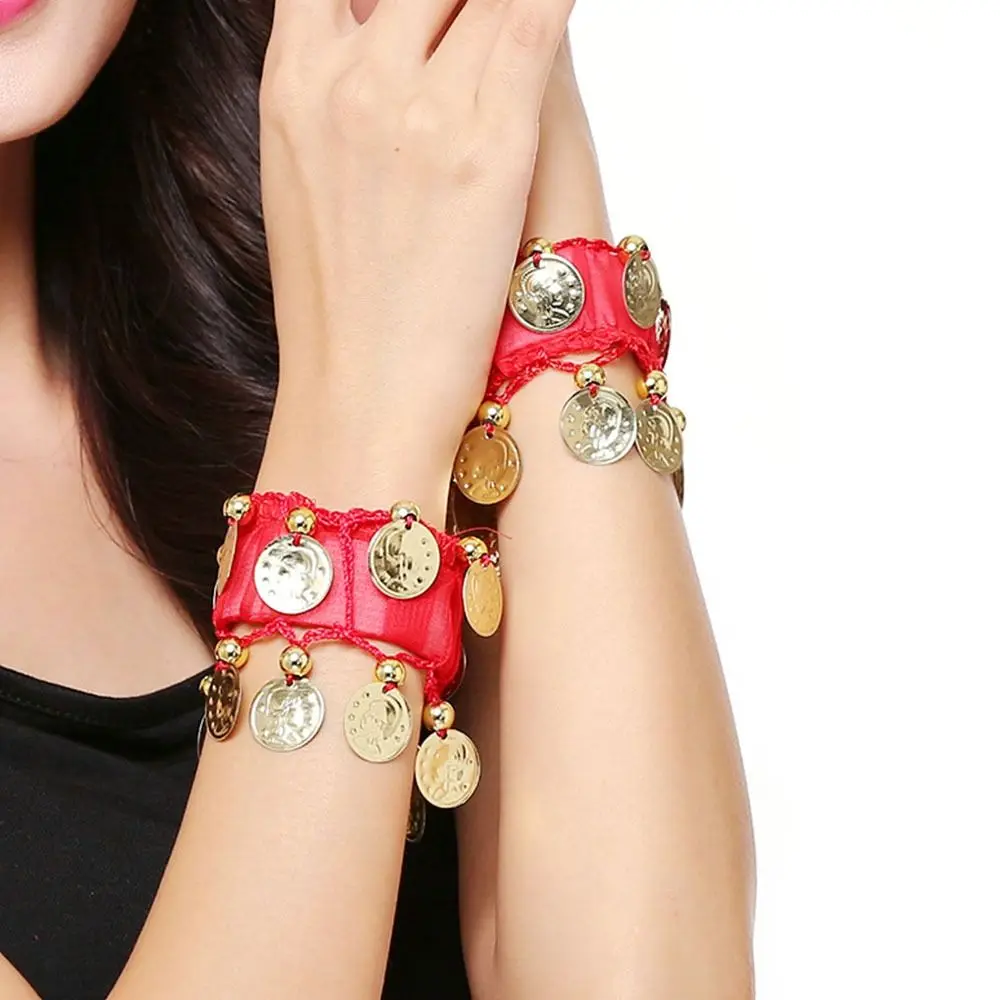 กำไลข้อมือสั่นผ้าชิฟฟ่อนสำหรับใส่เหรียญอุปกรณ์ประกอบการเต้นท้องสีทอง1คู่กำไลข้อมือสำหรับเต้นระบำหน้าท้อง