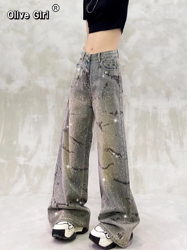 Diamond Jeans for Women Shiny High Waist Loose Wide Leg Denim Pants Blue Rhinestone Mopping Pant Streetwear Fashion Trousers