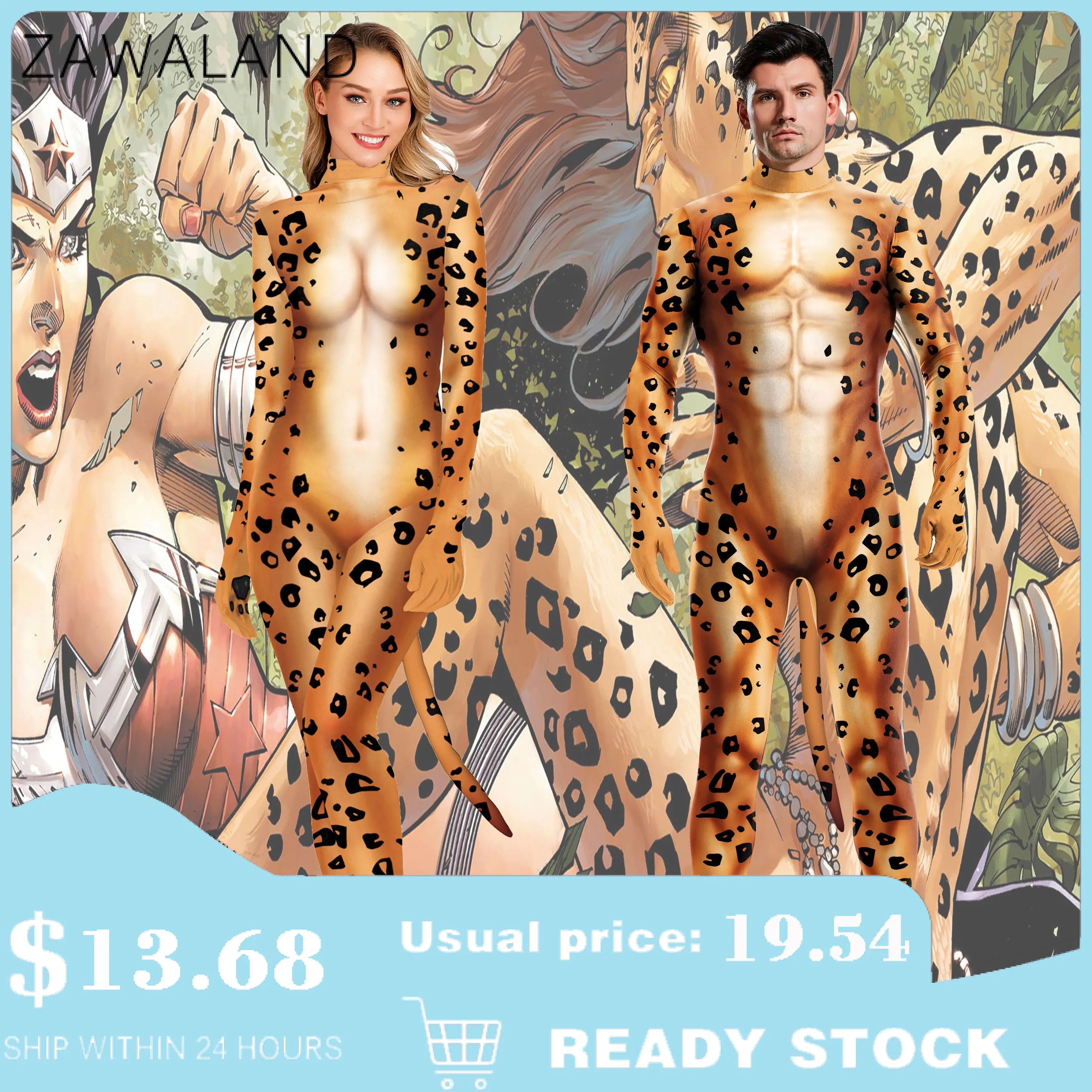 Zawaland Adult Cosplay Costumes Animal 3D Leopard Printed Bodysuit Zentai Suits with Tail Unisex Sexy Petsuit Muscle Jumpsuits