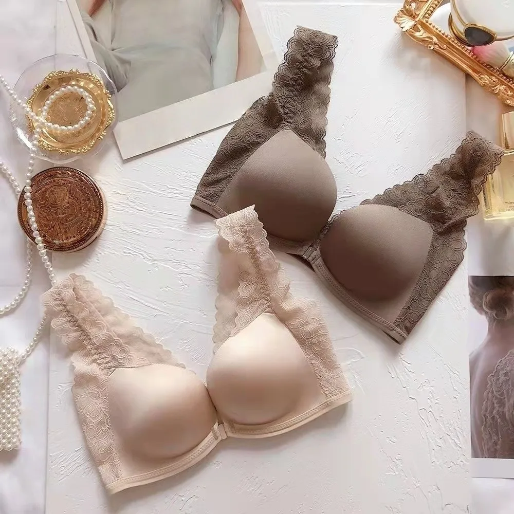 

Lace Lace Front Buckle Bra Gather Seamless without Steel Ring Wireless Deep V Bra Beauty Back Bra Small Chest Anti-sagging