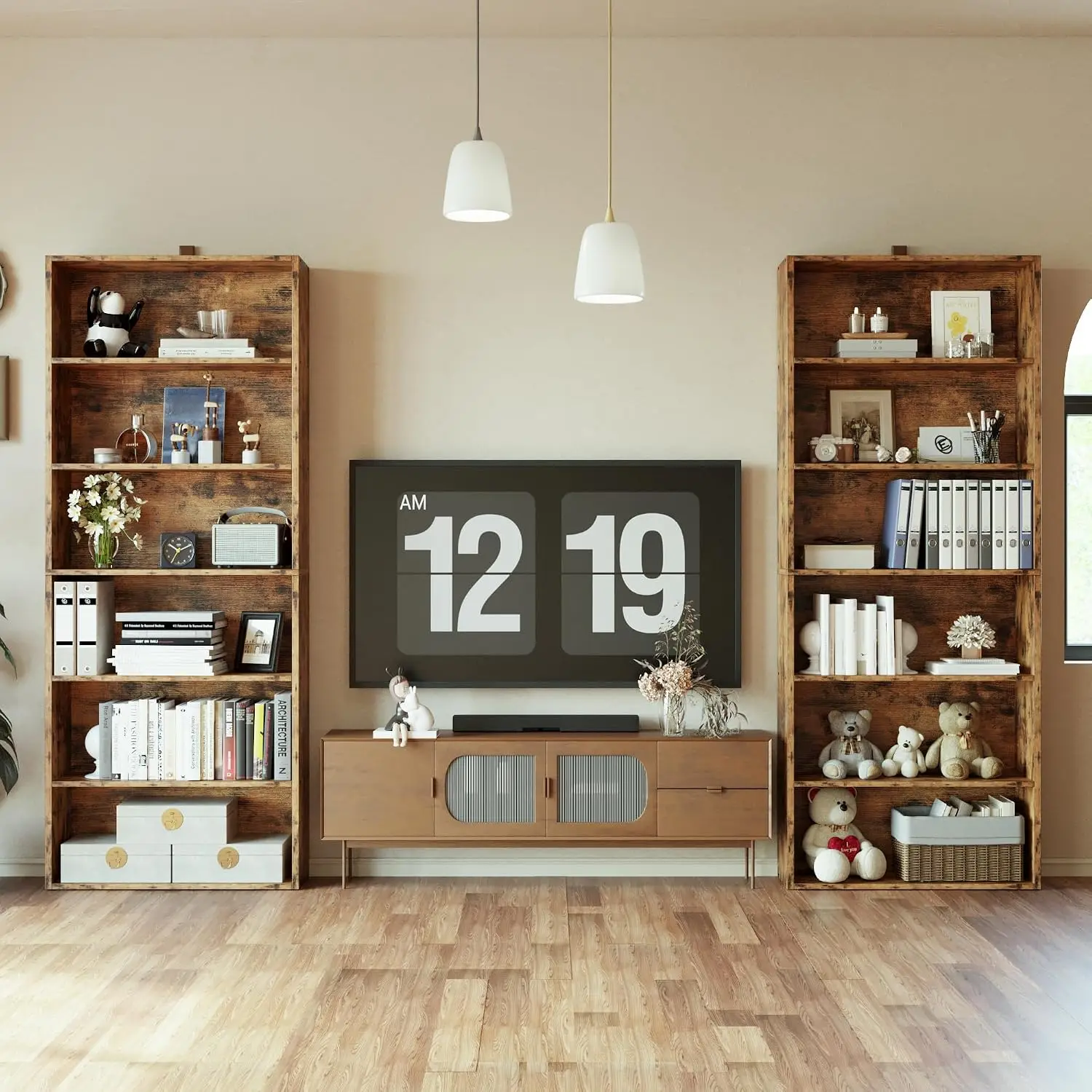 Tall Bookshelves Set Of 2, Open Storage Organizer Shelf, Living Room Bedroom Home Office Floor Standing Display Rack, Heavy Duty Shelving Unit, Rustic Industrial Style, Vintage Brown, 2 Pieces