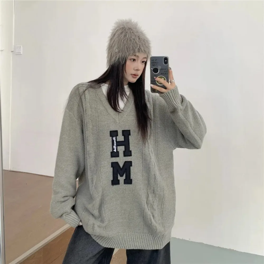 Human Made Unisex Appliqué Letter Sweater V-neck Oversized Ins Trendy Knitwear Casual Top Outerwear