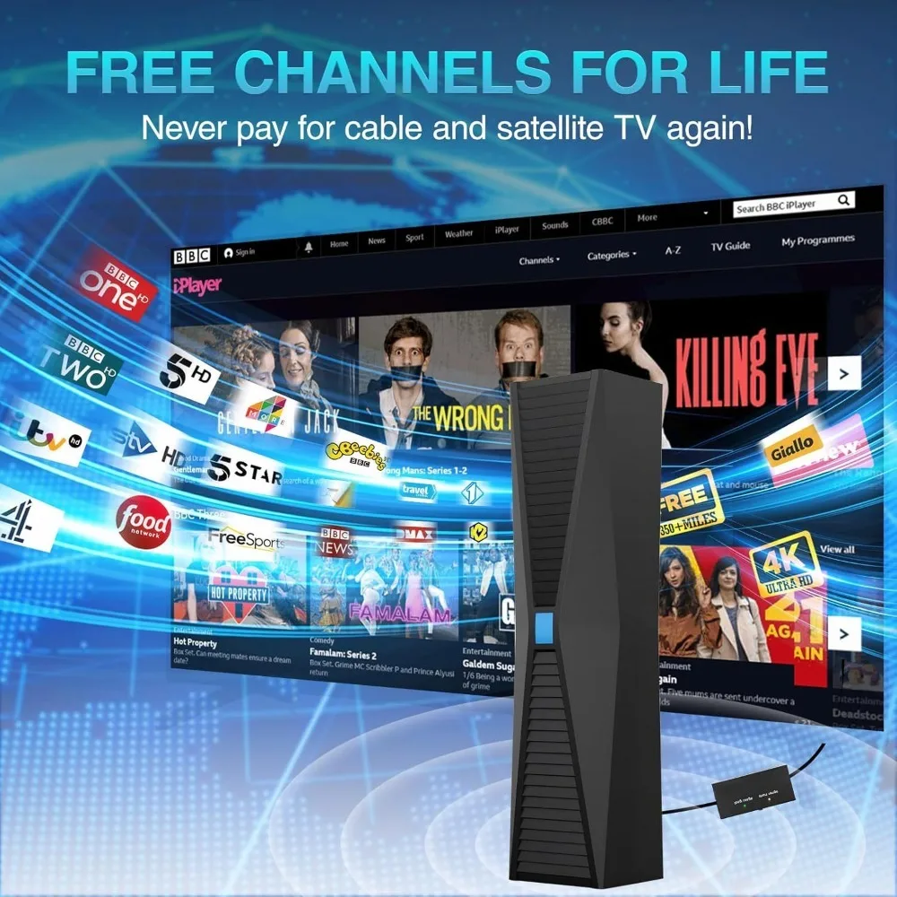 هوائي للتلفزيون الذكي للقنوات المحلية طويلة المدى، هوائي رقمي HDTV لجميع التلفزيون الذكي/القديم يدعم 4K 1080P HD DVB-T2