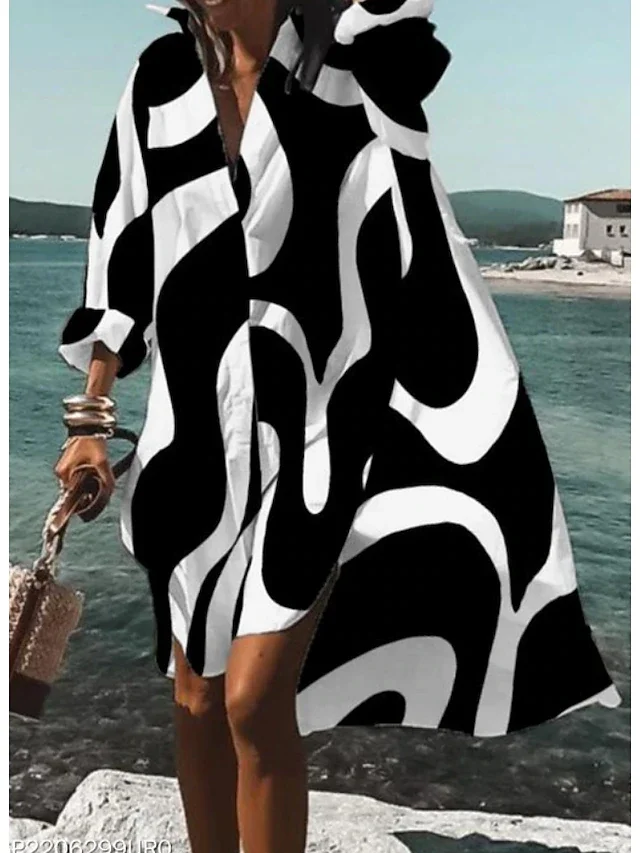 

Женское платье-рубашка оверсайз в евро-американском стиле | Черно-белый воротник с абстрактным принтом | Весенне-летняя пляжная повседневная одежда