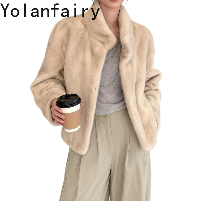 YOLANFAIRY 高級天然毛皮コート女性の冬エレガントなスタンドカラーショート本物のミンクの毛皮のジャケット婦人服アブリゴ
