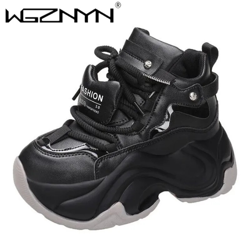 8cm Synthetic Genuine Leather Women Sneakers Chunky Spring Autumn Ankle Boots Fashion Footwear Casual Comfy Platform Wedge Shoes