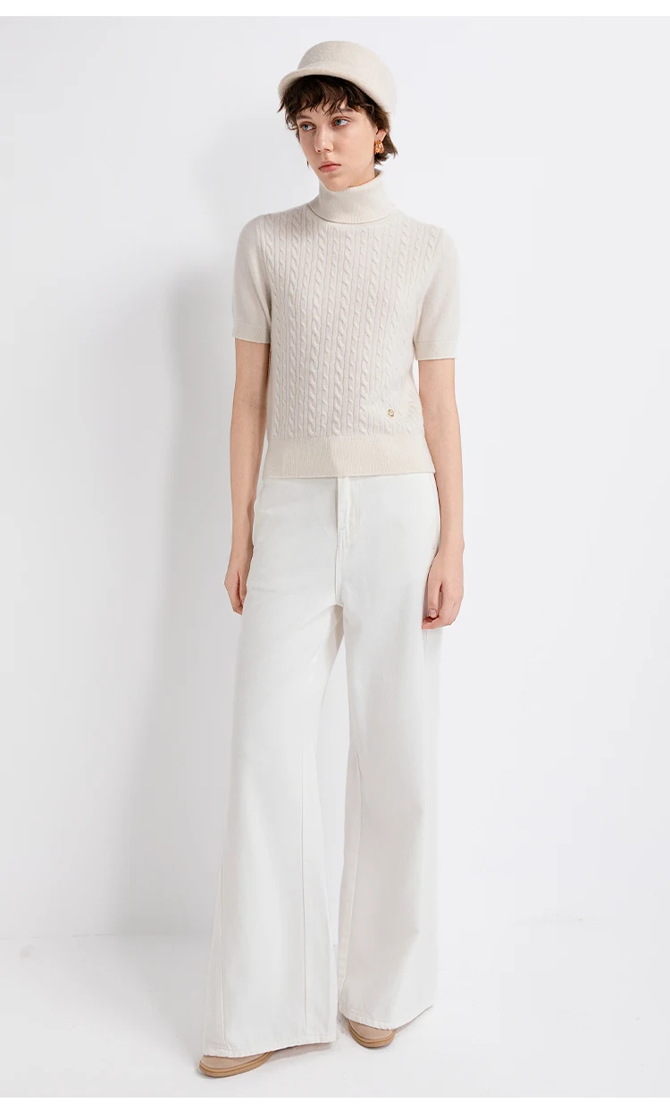 TH662122 Damen Rollkragenpullover mit Zopfmuster, Kurzarm, 100% Kaschmir, Gerippter Saum, Gemütlich, Lässig-Schick, Frühherbst – Detail 7