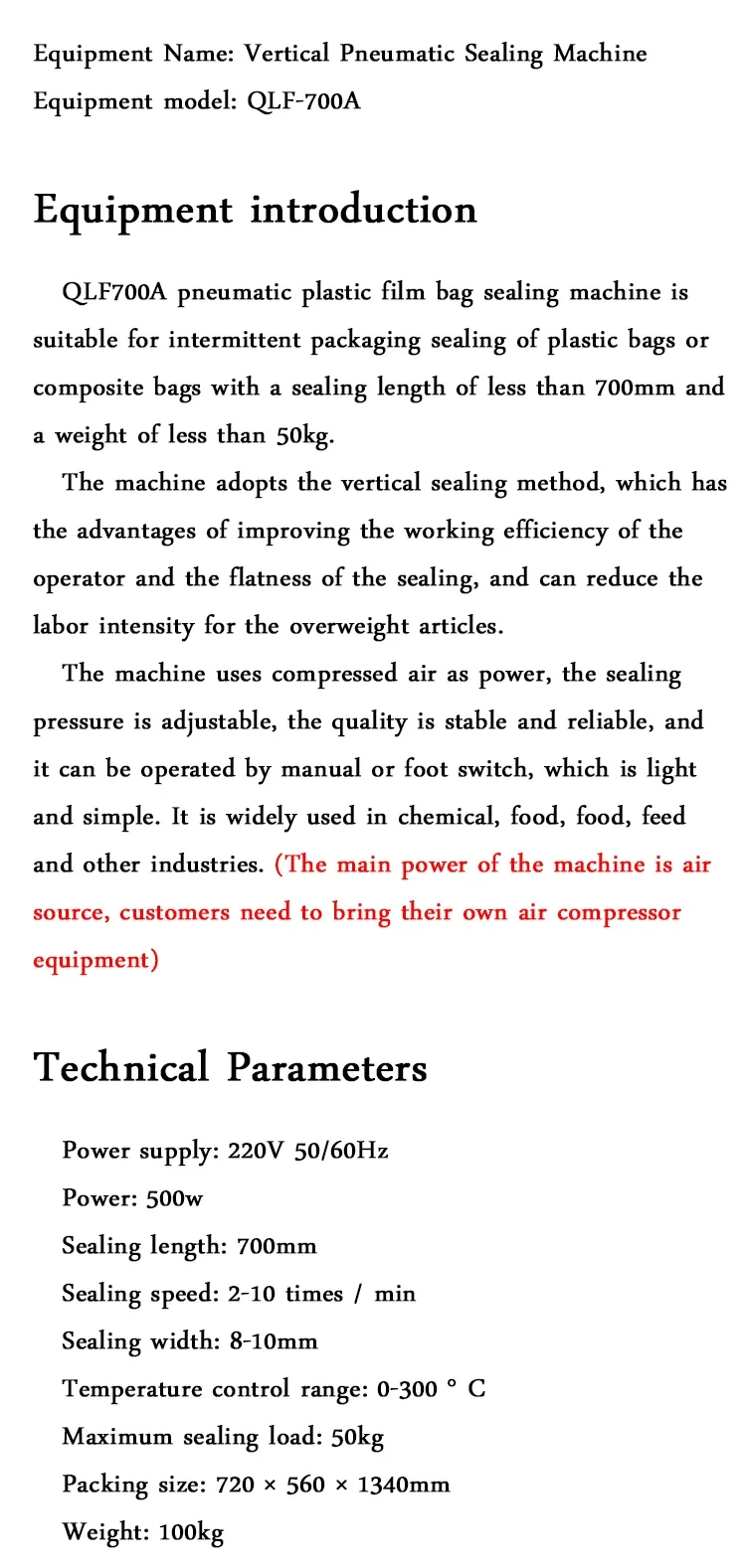 500W Vertical Pneumatic Sealing Machine QLF-700A Big Bag Sealing Machine Plastic Bag Sealing Machine Automatic Sealing Machine