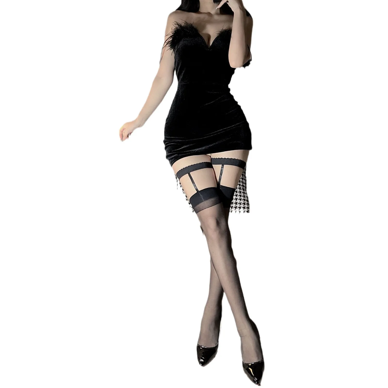 魅惑的でセクシーなレッグループホルターソックス、黒のシルクソックス、ハーフカットハーフチューブソックス、純粋な欲望、カットアウト付きロングチューブソックス