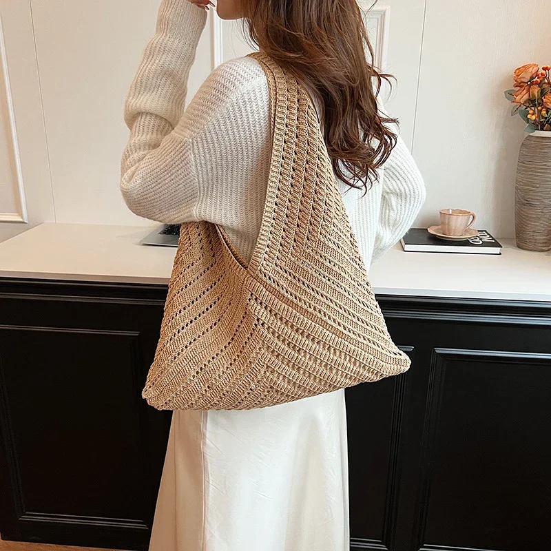 Shoulder Bag Brand Women Tote Knitting Handbag Triangle Design Woven Beach Bag Lightweight Elegant Portable Shoulder Bag Purse