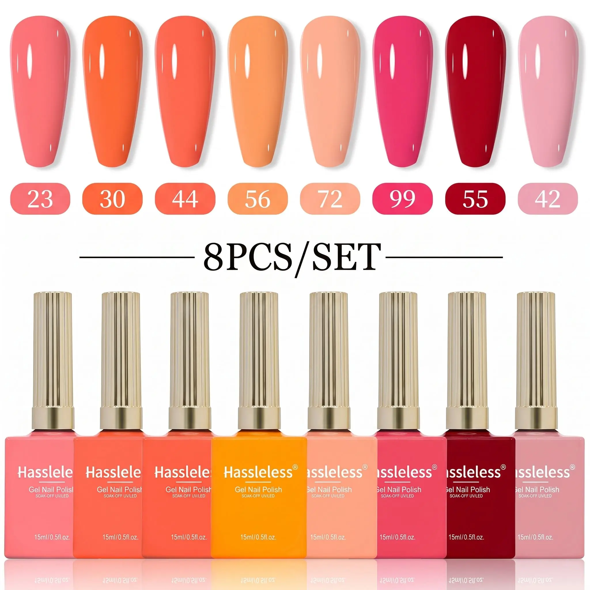 Hassleless 8Pcs 0.5 oz Large Capacity Solid Color Nail Polish Gel, High Saturation, Mirror-Like Shine, Long-Lasting and Durable